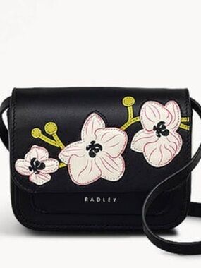 RADLEY LONDON Black Crossbody with Pink & Yellow Floral Appliqué